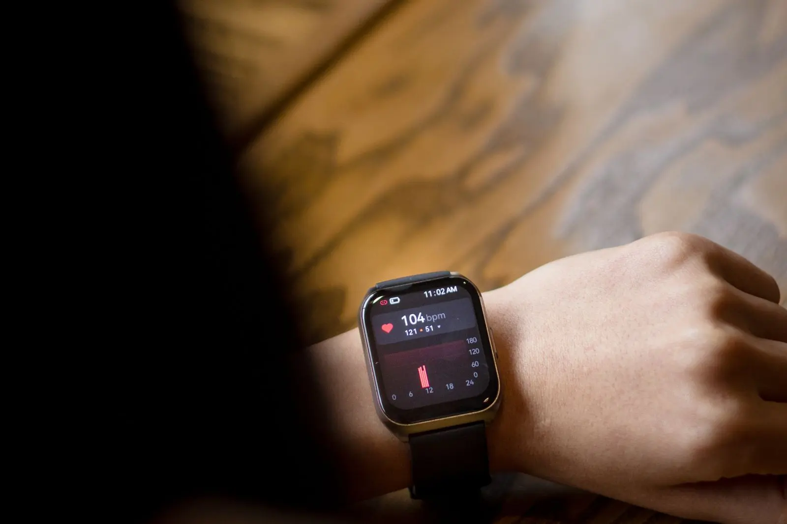 A smartwatch showing a heart rate of 104 beats per minute.
