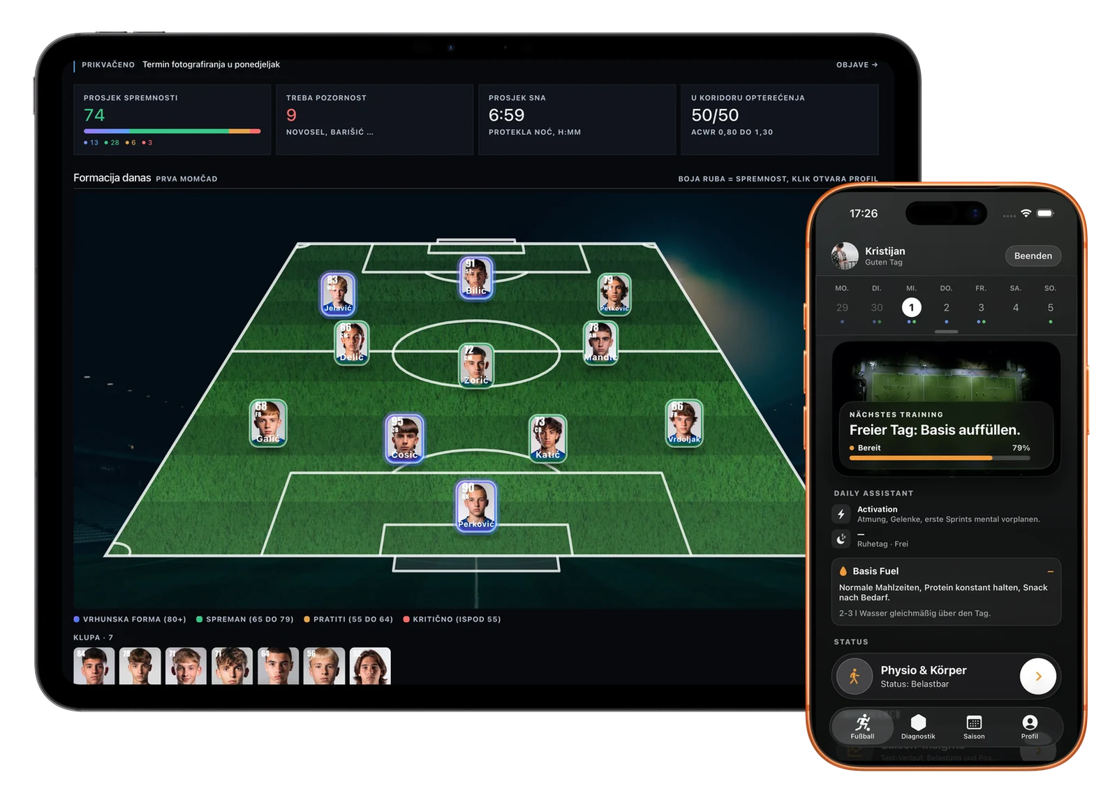 Trenerski dashboard na tabletu uz Gearstack aplikaciju na iPhoneu