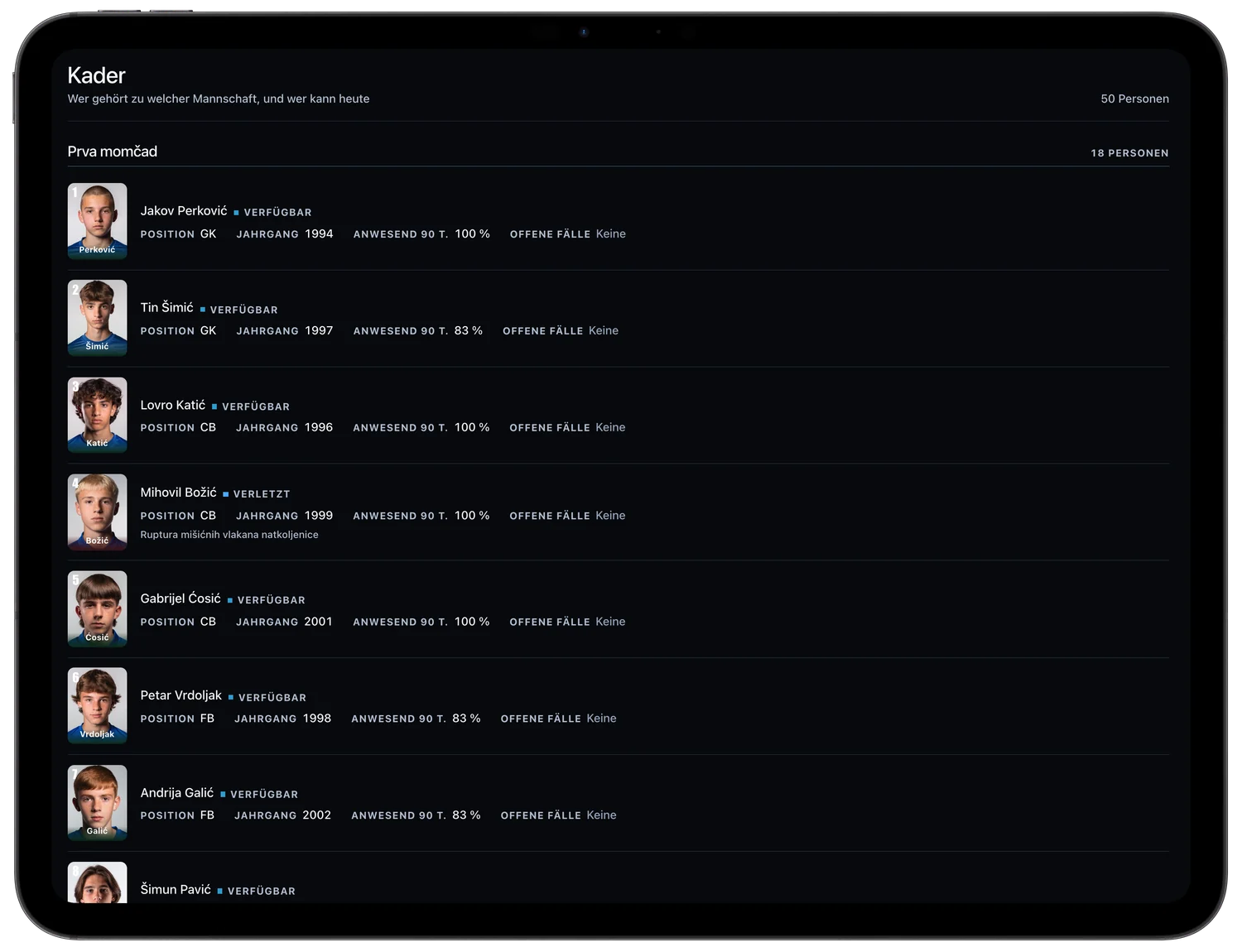 Gearstack Pro Dashboard: Kaderliste mit Status und Anwesenheit