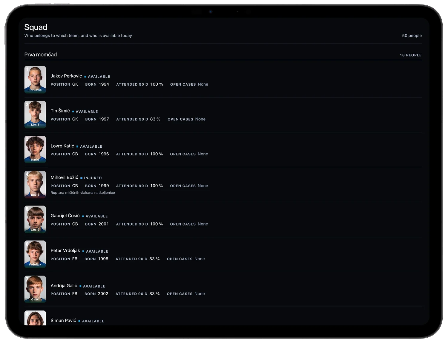 Gearstack Pro dashboard: squad list with status and attendance