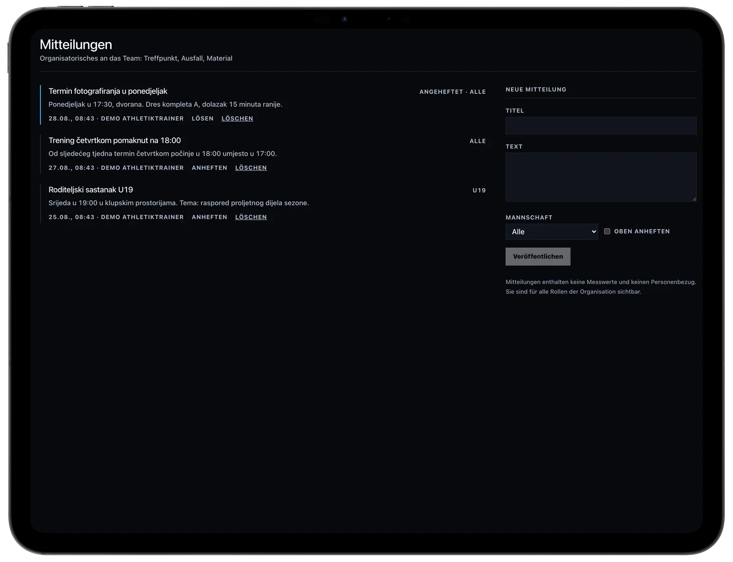 Gearstack Pro Dashboard: Mitteilungen an das Team