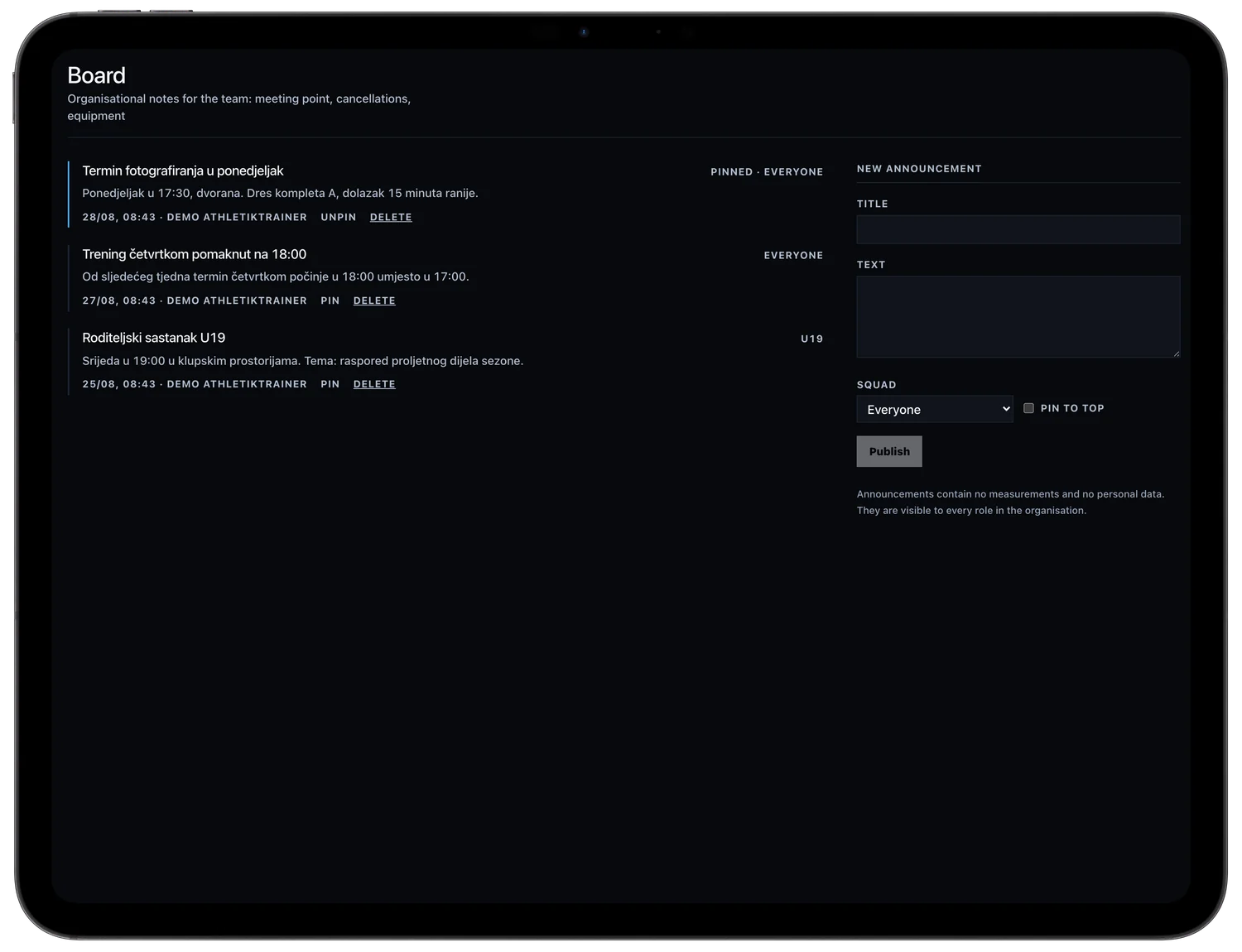 Gearstack Pro dashboard: team notices