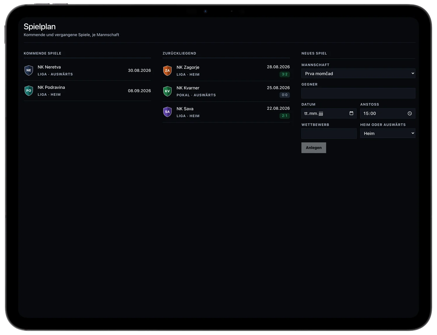 Gearstack Pro Dashboard: Spielplan mit kommenden und vergangenen Spielen