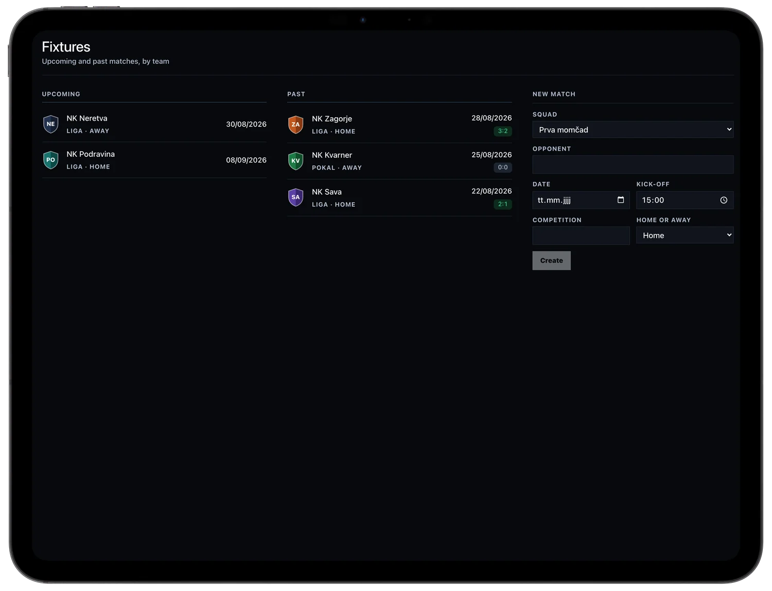 Gearstack Pro dashboard: match schedule with upcoming and past games