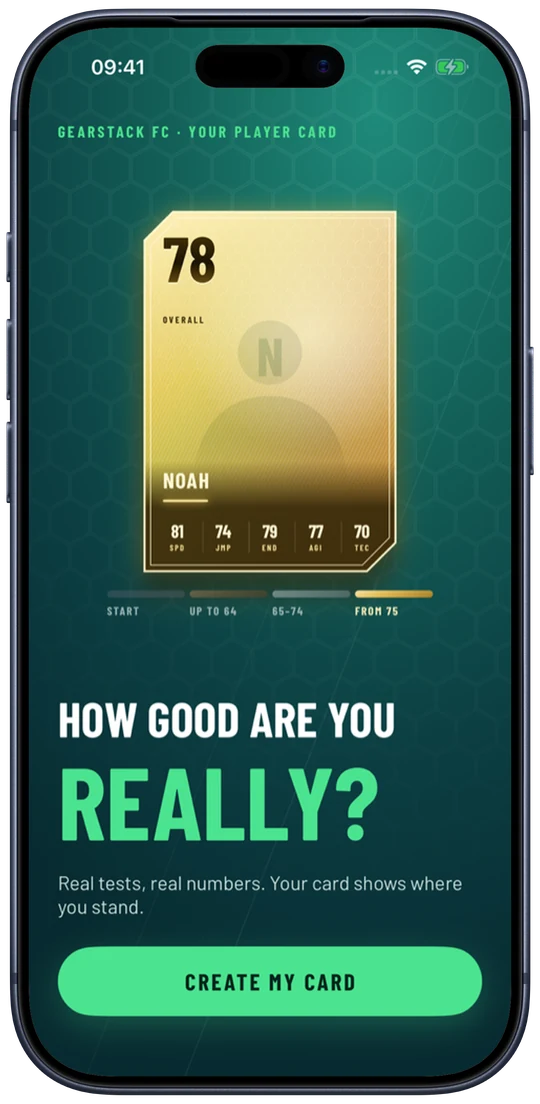 Gearstack FC on an iPhone: gold player card with an overall rating of 78. Sample data.