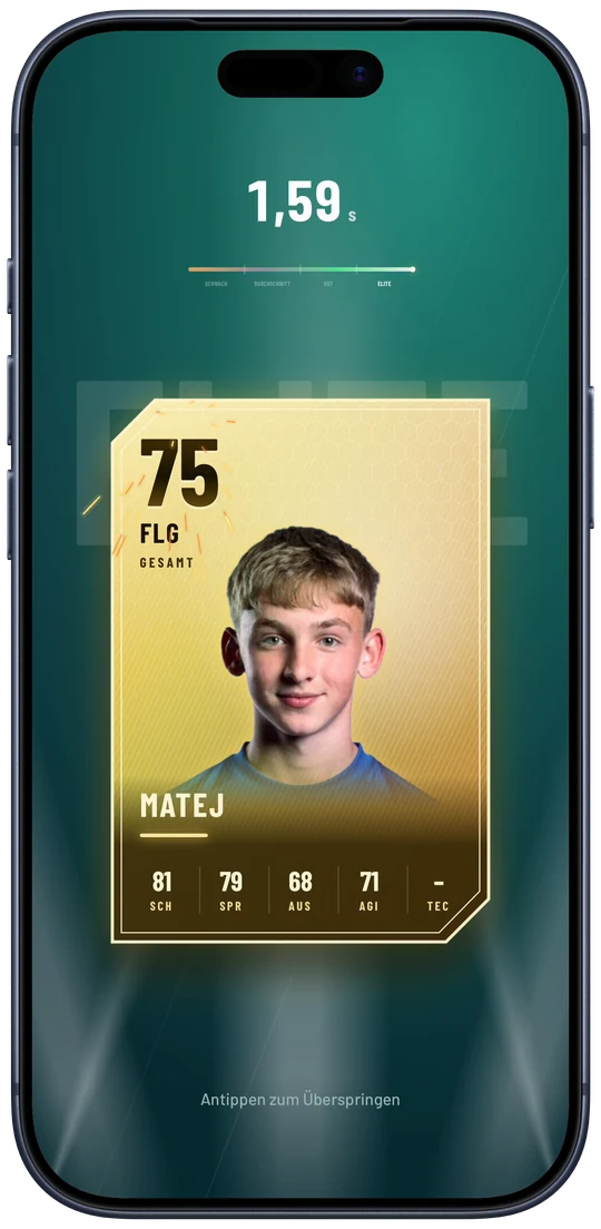 Gearstack FC auf dem iPhone: Ergebnis-Show nach einem Leistungstest, 1,59 s, die Karte des fiktiven Spielers Matej steigt auf Gold 75. Beispieldaten.