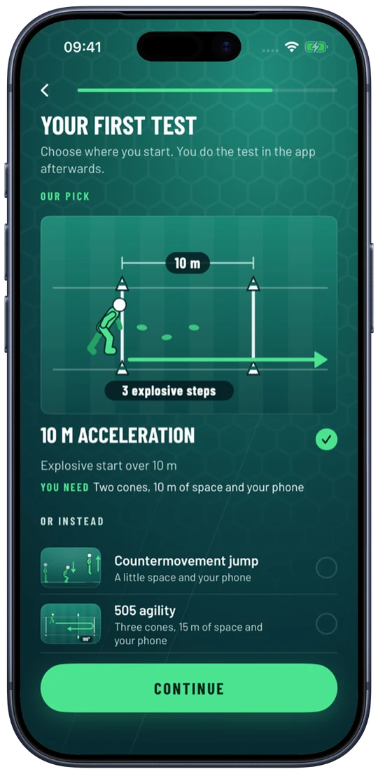 Gearstack FC on an iPhone: choosing your first test, with 10 m acceleration recommended.