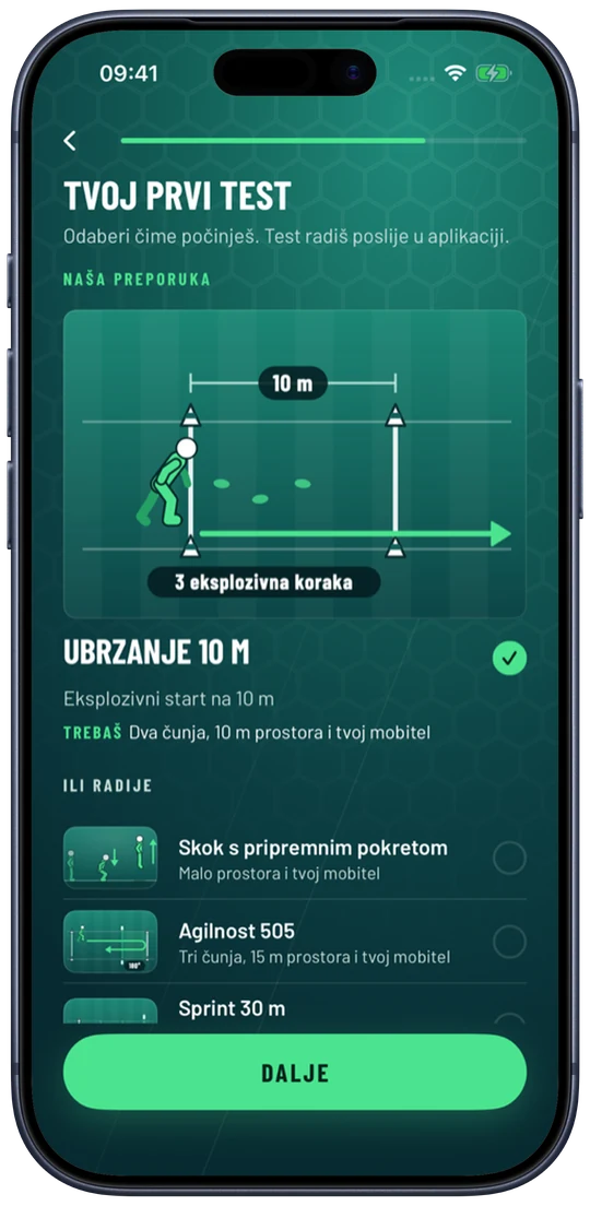 Gearstack FC na iPhoneu: odabir prvog testa, s preporukom za ubrzanje na 10 m.