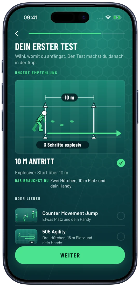 Gearstack FC auf dem iPhone: Auswahl des ersten Tests, empfohlen ist der 10-m-Antritt.