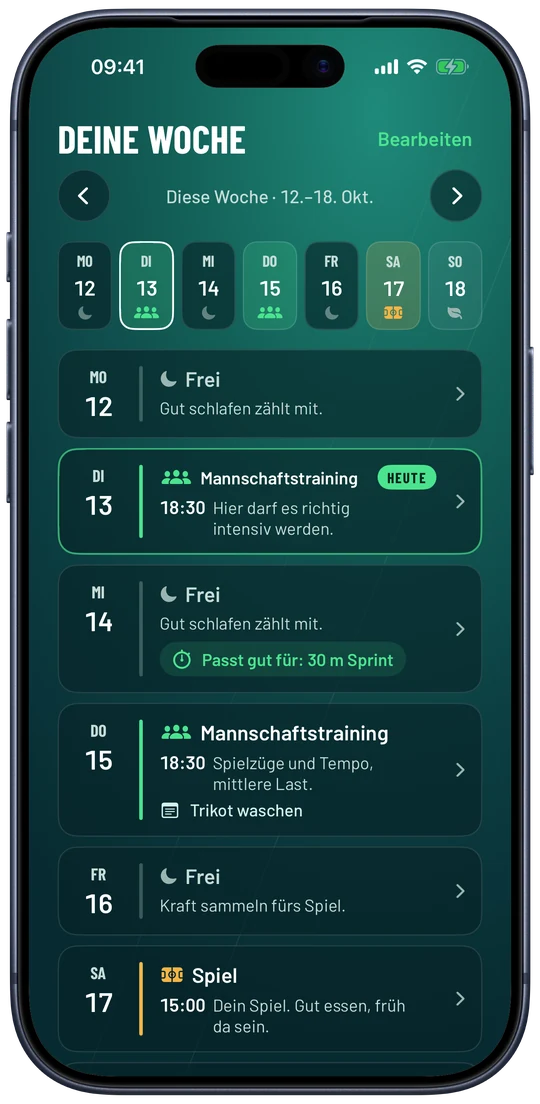Gearstack FC auf dem iPhone: Wochenplan mit Mannschaftstraining am Dienstag und Donnerstag und dem Spiel am Samstag.