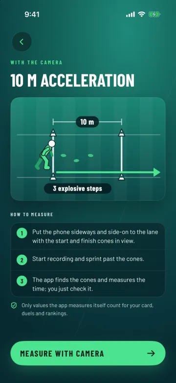 Gearstack FC on an iPhone: choosing your first test, with 10 m acceleration recommended.