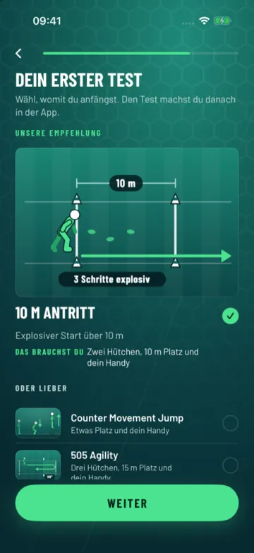 Gearstack FC auf dem iPhone: Auswahl des ersten Tests, empfohlen ist der 10-m-Antritt.